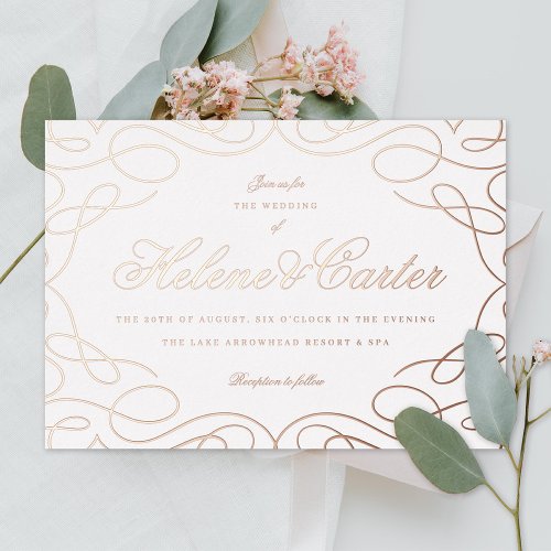 Elegant Flourishes Calligraphy Wedding Rose Gold Foil Invitation