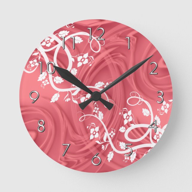 Elegant Flourishes Floral Red Shadow Pattern Round Clock (Front)