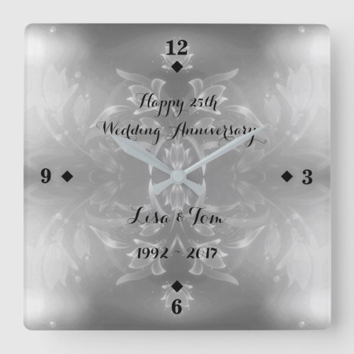 Elegant Flower 25th Silver Wedding Anniversary Square Wall Clock
