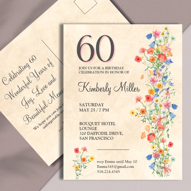 Elegant Flower 60 Years Party Floral 60th Birthday Invitation Postcard (Creator Uploaded)