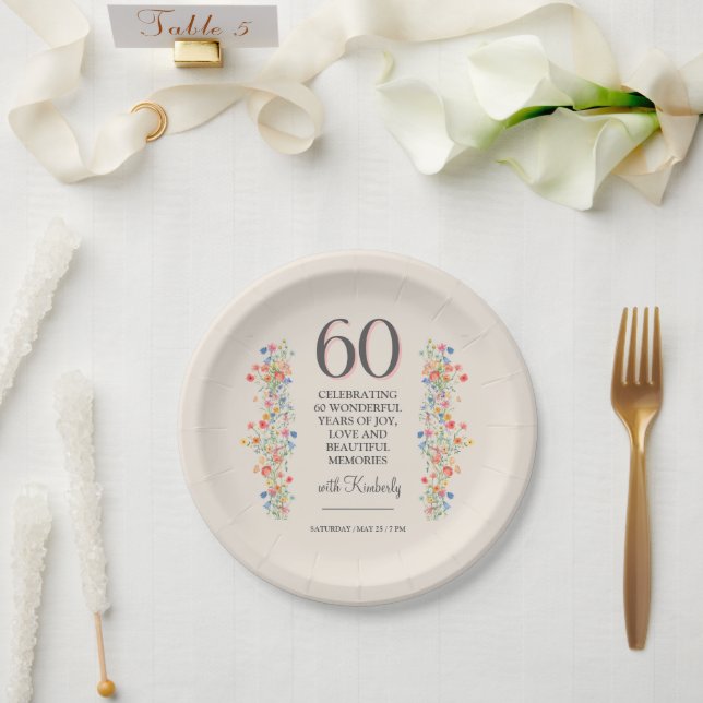 Elegant Flower 60 Years Party Floral 60th Birthday Paper Plates (Wedding)