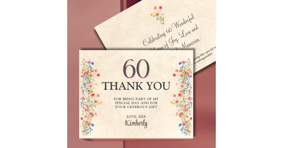 Elegant Flower 60 Years Party Floral 60th Birthday Thank You Card | Zazzle