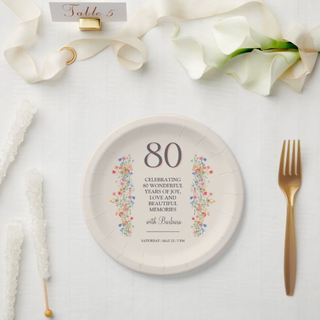 Elegant Flower 80 Years Party Floral 80th Birthday Paper Plates (Wedding)
