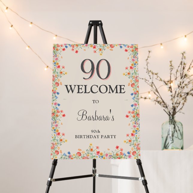 Elegant Flower 90 Years Party Floral 90th Birthday Foam Board (In Situ (Stand))