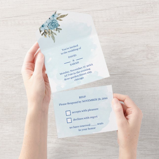 Elegant Flower Blue Personalized Wedding All In One Invitation (Tearaway)