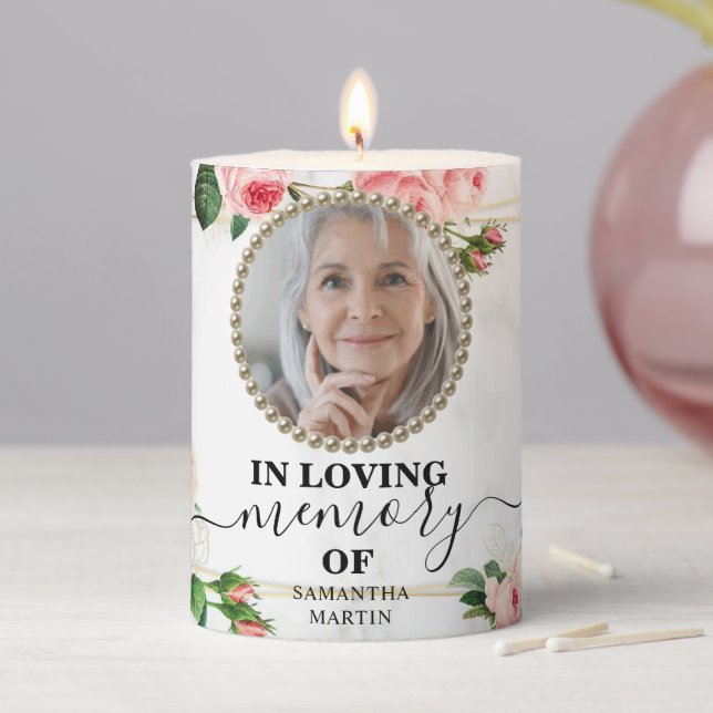 Elegant Flower Blush Memorial Remembrance Pillar Candle (In Situ)