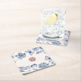 Elegant Flower Double Xi Chinese Wedding Square Paper Coaster