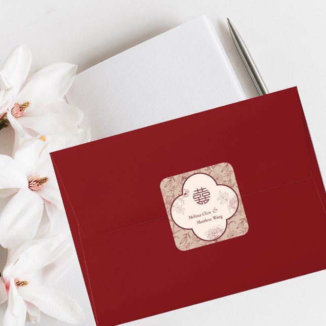 Elegant Flower Double Xi Chinese Wedding Square Sticker (Elegant Flower Double Xi Chinese Wedding Square Sticker)