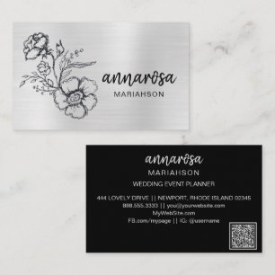 *~* Elegant Flower Floral Silver QR LOGO PHOTO Business Card