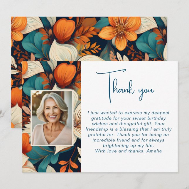 Elegant Flower Foliage Pattern Photo Birthday  Thank You Card (Front/Back)
