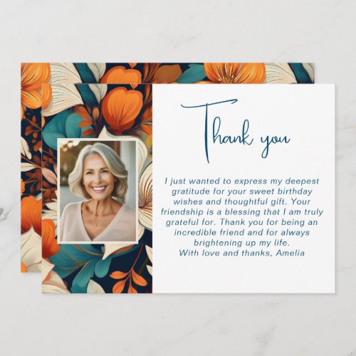 Elegant Flower Foliage Pattern Photo Birthday  Thank You Card