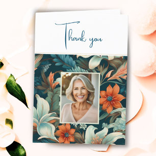 Elegant Flower Foliage Pattern Photo Birthday Thank You Card