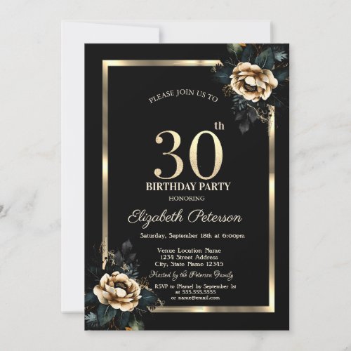 Elegant Flower Gold Frame Black 30th Birthday  Invitation