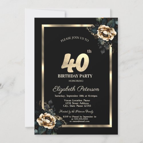 Elegant Flower Gold Frame Black 40th Birthday  Invitation