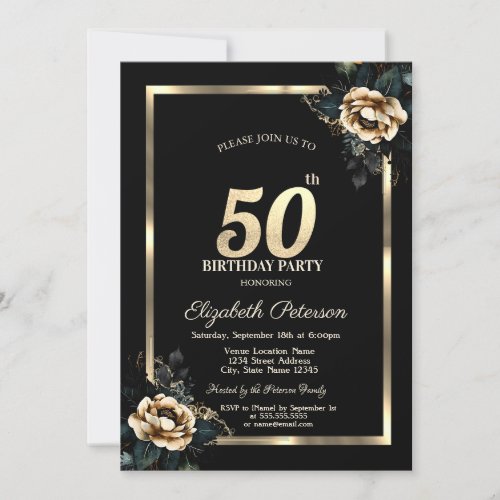 Elegant Flower Gold Frame Black 50th Birthday  Invitation