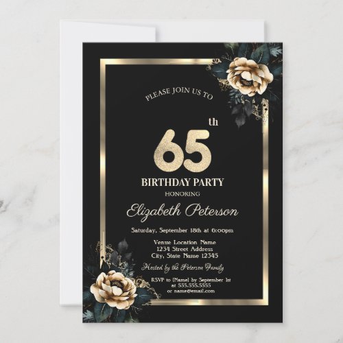 Elegant Flower Gold Frame Black 65th Birthday  Invitation