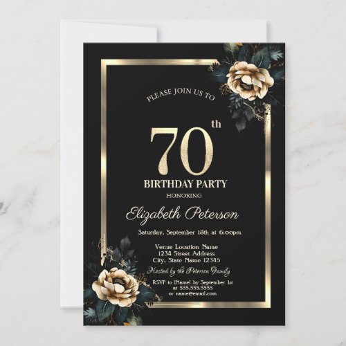 Elegant Flower Gold Frame Black 70th Birthday  Invitation