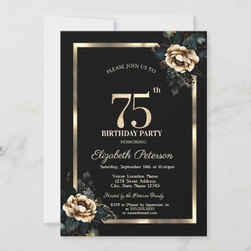 Elegant Flower Gold Frame Black 75th Birthday  Invitation