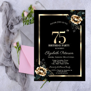 Elegant Flower Gold Frame Black 75th Birthday Invitation