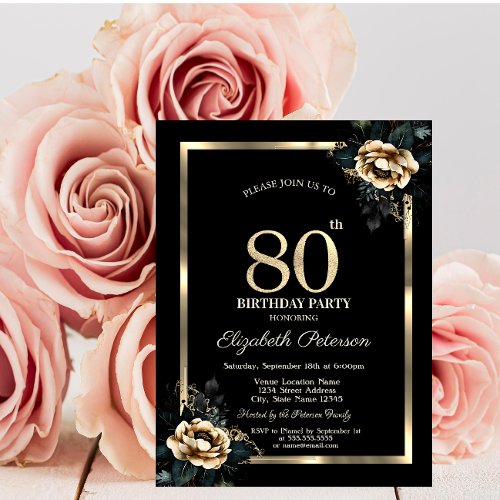 Elegant Flower Gold Frame Black 80th Birthday  Invitation