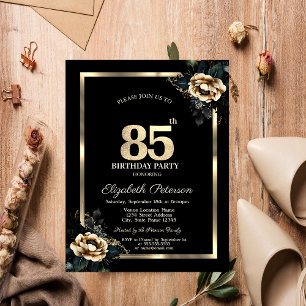Elegant Flower Gold Frame Black 85th Birthday Invitation