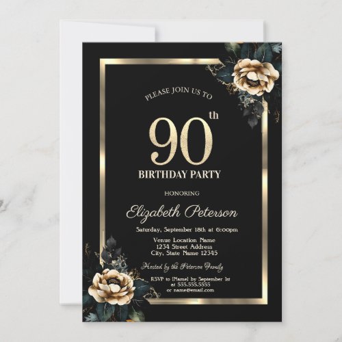 Elegant Flower Gold Frame Black 90th Birthday  Invitation