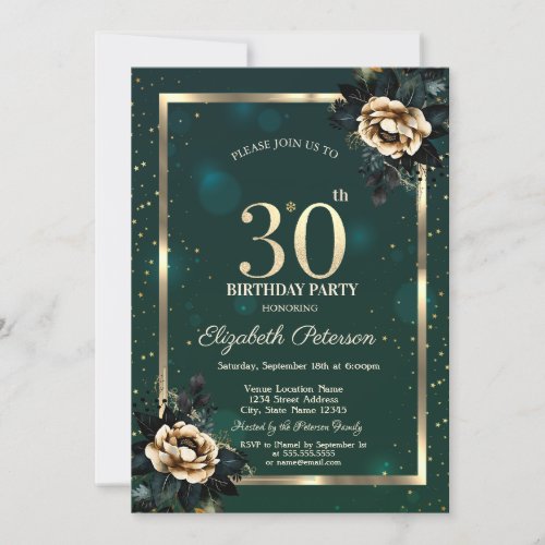 Elegant Flower Gold Frame Stars Green 30th  Invitation