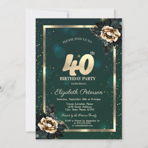 Elegant Flower Gold Frame Stars Green 40th Invitation
