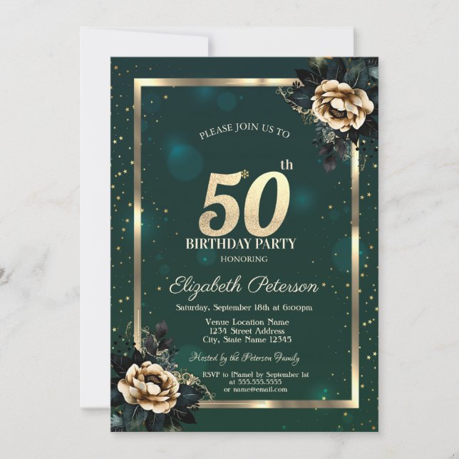 Elegant Flower Gold Frame Stars Green 50th  Invitation (Front)