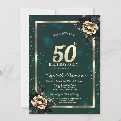 Elegant Flower Gold Frame Stars Green 50th  Invitation