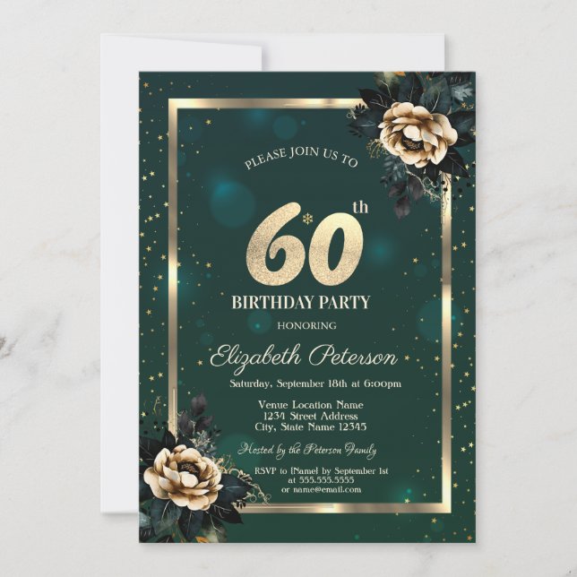 Elegant Flower Gold Frame Stars Green 60th Invitation (Front)