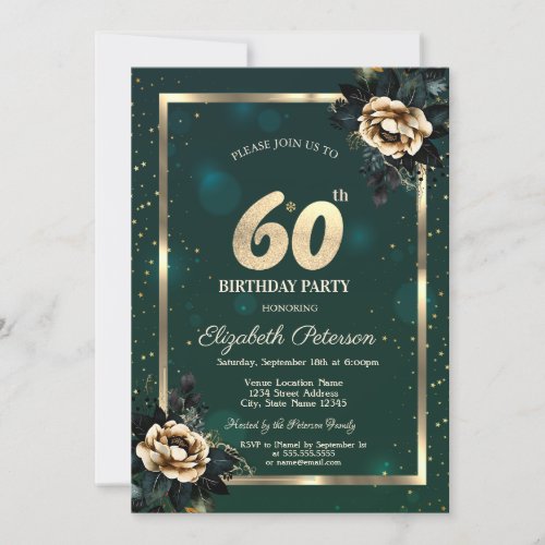 Elegant Flower Gold Frame Stars Green 60th Invitation