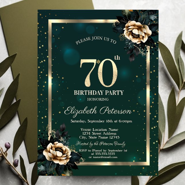 Elegant Flower Gold Frame Stars Green 70th Invitation (Creator Uploaded)
