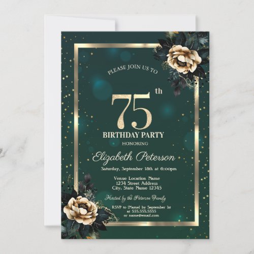 Elegant Flower Gold Frame Stars Green 75th Invitation