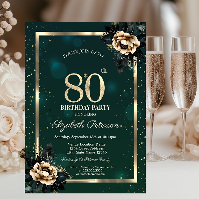 Elegant Flower Gold Frame Stars Green 80th  Invitation (Creator Uploaded)