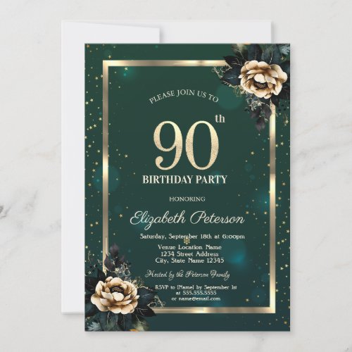Elegant Flower Gold Frame Stars Green 90th  Invitation