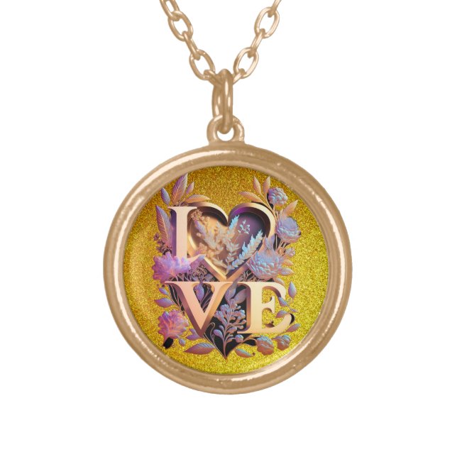 Elegant Flower, Heart and Golden Love Gold Plated Necklace (Front)