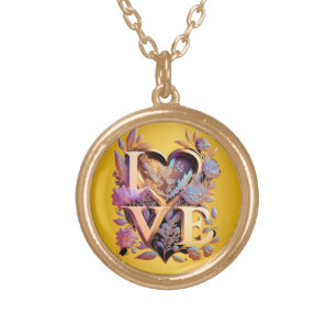 Elegant Flower, Heart and Golden Love Gold Plated Necklace