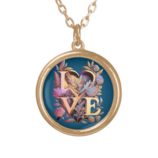 Elegant Flower, Heart and Golden Love Gold Plated Necklace (Front)