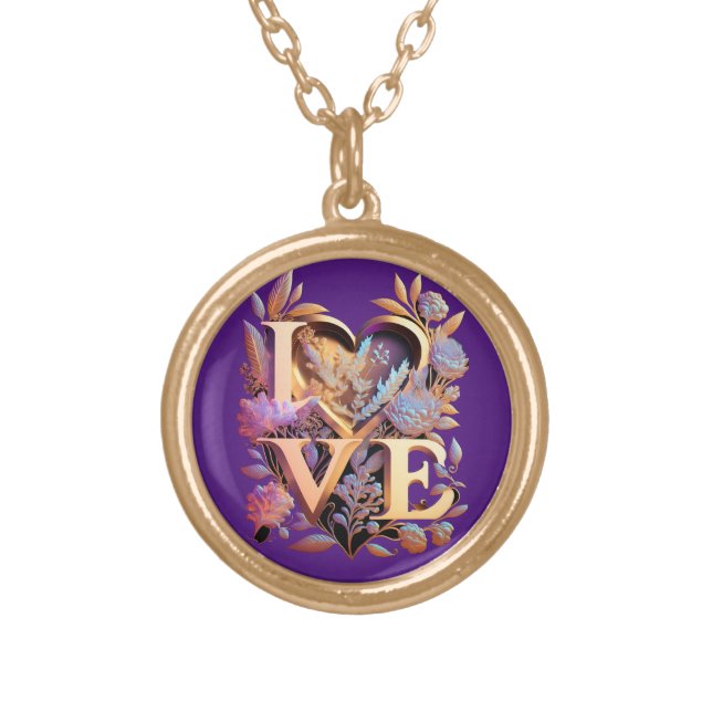 Elegant Flower, Heart and Golden Love Gold Plated Necklace (Front)