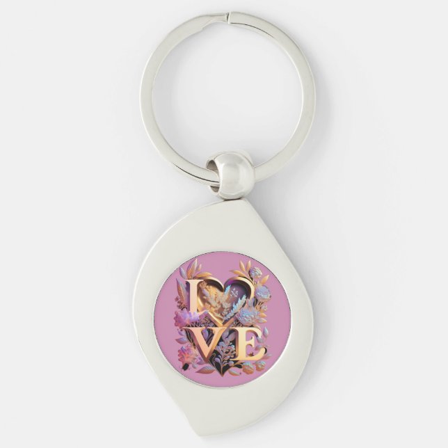 Elegant Flower, Heart and Golden Love Keychain (Front)