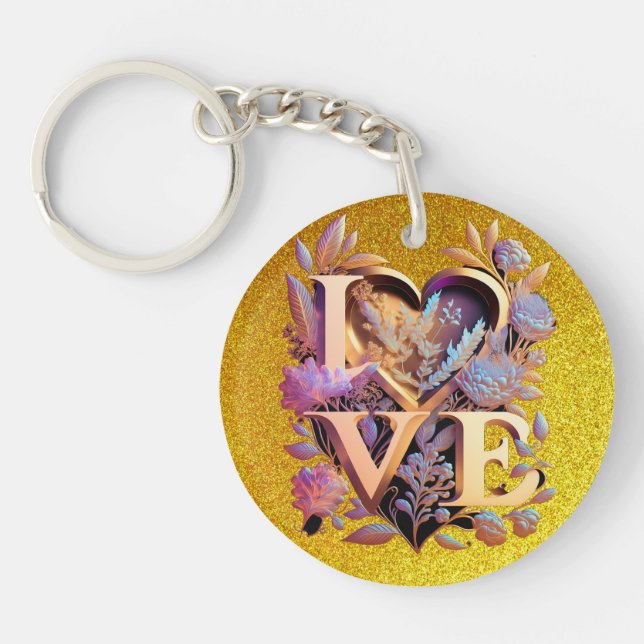 Elegant Flower, Heart and Golden Love Keychain (Front)