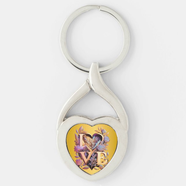 Elegant Flower, Heart and Golden Love Keychain (Front)