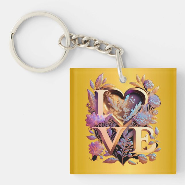 Elegant Flower, Heart and Golden Love Keychain (Front)
