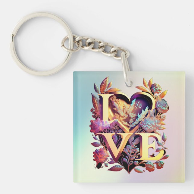 Elegant Flower, Heart and Golden Love Keychain (Front)
