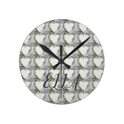 Elegant flower heart rustic birch bark gingham round clock