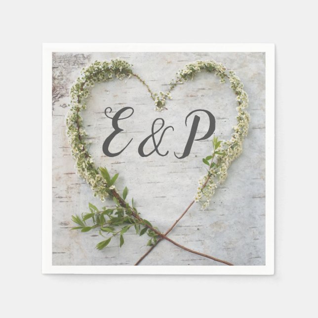 Elegant flower heart rustic birch bark wedding napkins (Front)