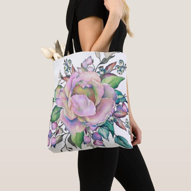 Elegant Flower Pastel Watercolor Tote Bag (Close Up)