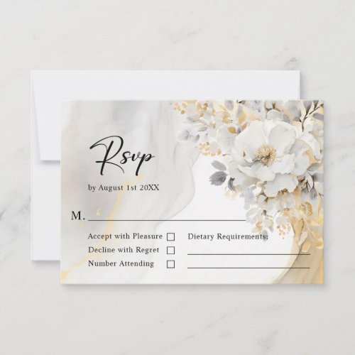 Elegant Flower Peony Gold Grey Black Wedding RSVP Card