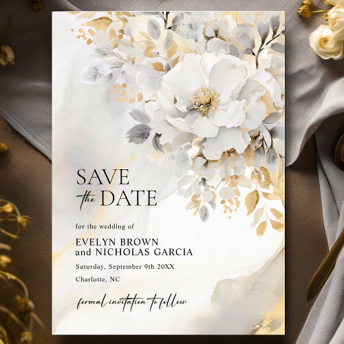 Elegant Flower Peony Gold Grey Black Wedding Save The Date